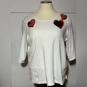 Quacker Factory QVC 2X 3/4 length sleeve white top with sequined hearts